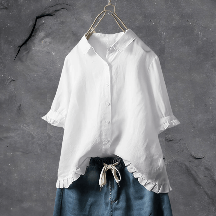Women's Linen Blouse Ruffle Hem Short Sleeve Button Shirt Top