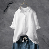 Women's Linen Blouse Ruffle Hem Short Sleeve Button Shirt Top