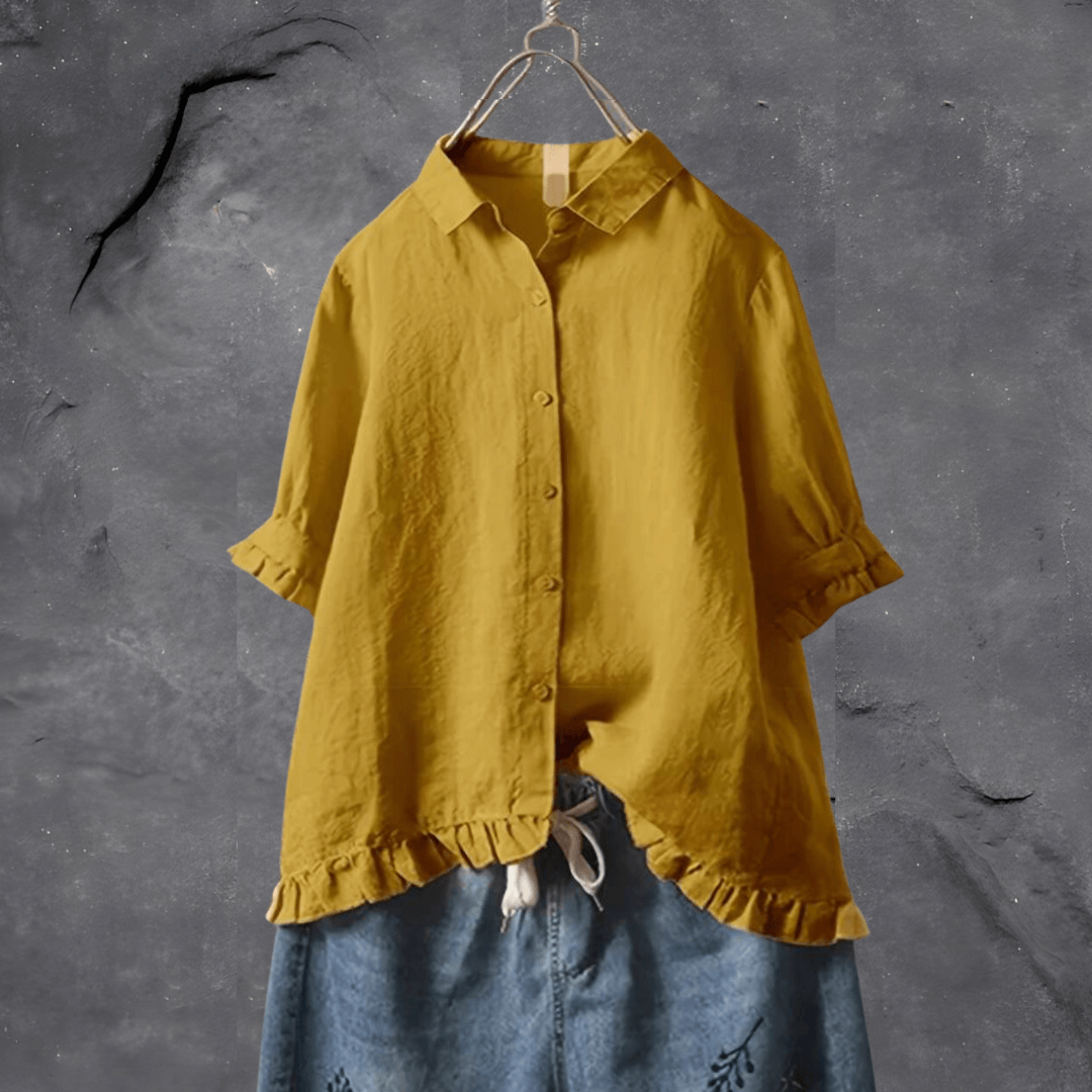 Women's Linen Blouse Ruffle Hem Short Sleeve Button Shirt Top