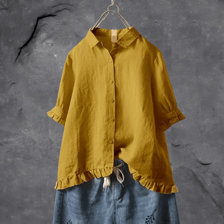 Women's Linen Blouse Ruffle Hem Short Sleeve Button Shirt Top