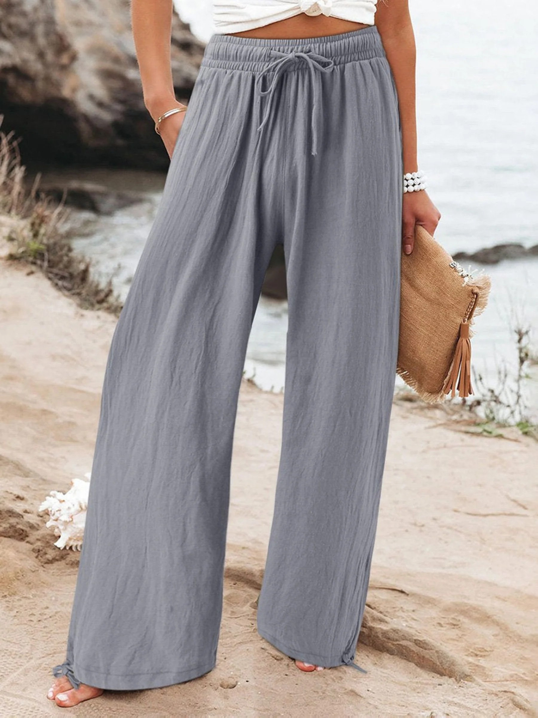 Women's Linen Wide Leg Trousers High Waisted Drawstring Palazzo Pants
