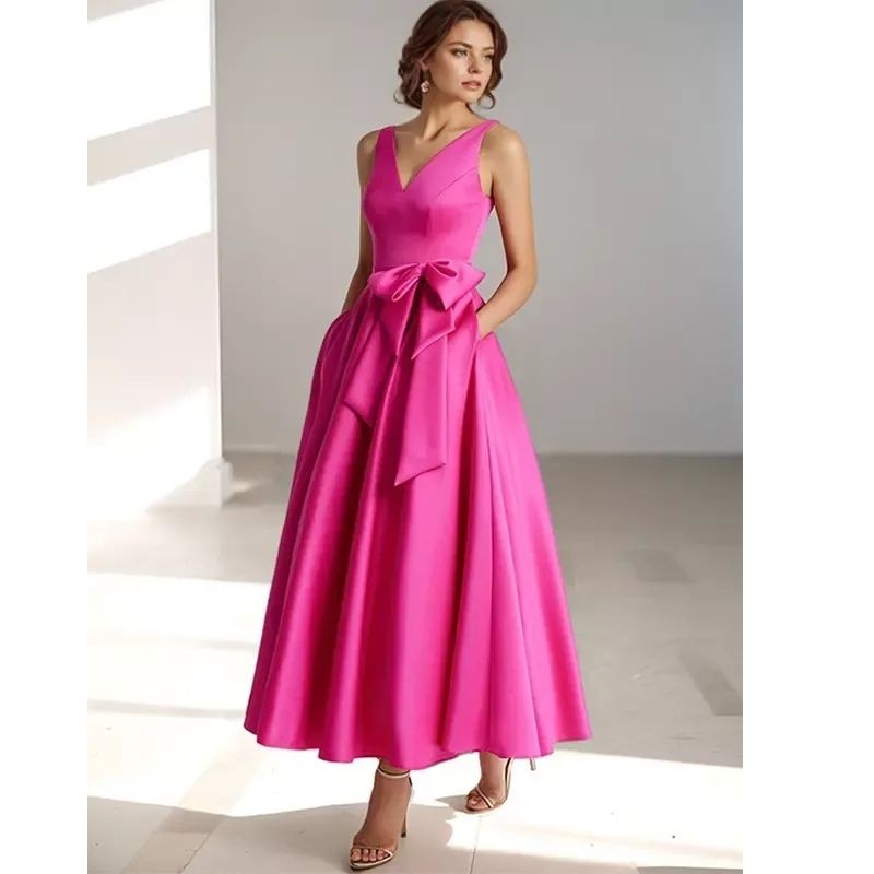 Robe de cocktail midi trapèze plissée en satin à col V pour femme