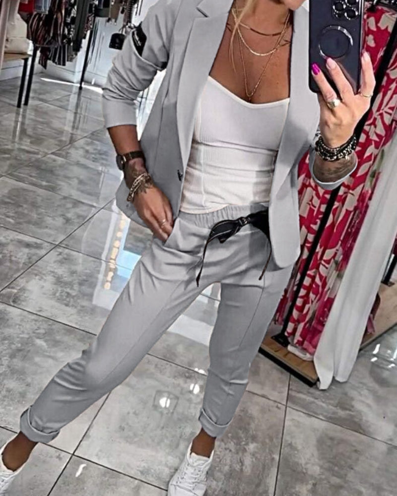 Linen 3-Piece Suit Women Blazer Camisole and Trousers Set