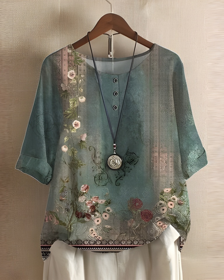 Damska lniana tunika w stylu vintage boho, drukowana bluzka