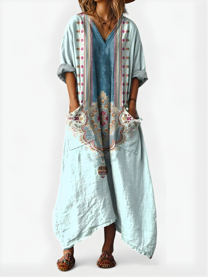 Women’s Linen Kaftan Boho Maxi Dress Floral Embroidered V Neck Relaxed Tunic