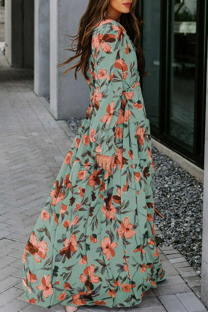 Women's Chiffon Floral V Neck Long Sleeve Maxi Dress