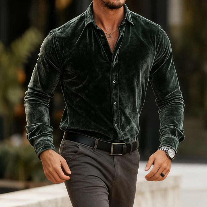 Men's Tailored Long-Sleeve Velvet Button-Up Dress Shirt