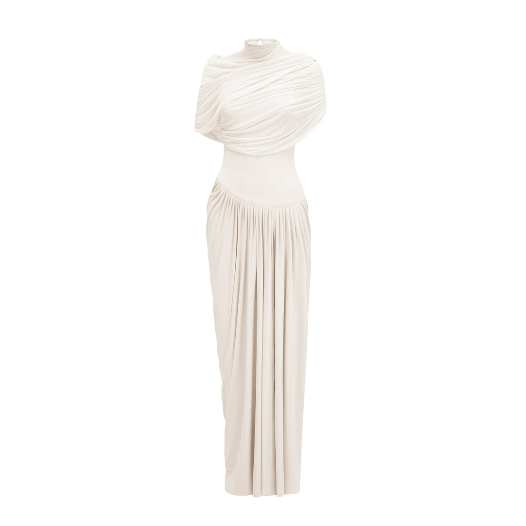Women’s Satin Draped Mock-Neck Asymmetric Ruched Maxi Dress
