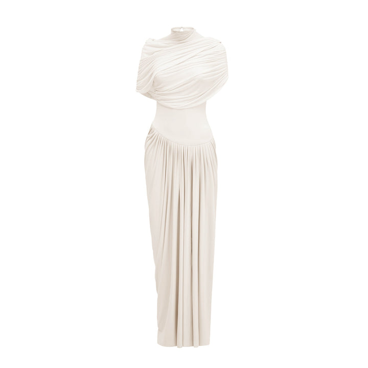 Women’s Satin Draped Mock-Neck Asymmetric Ruched Maxi Dress