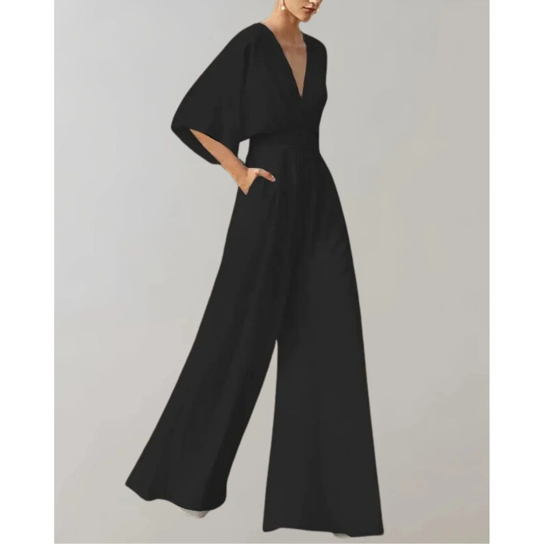 Women's Elegant V-Neck Satin Wide Leg Jumpsuit