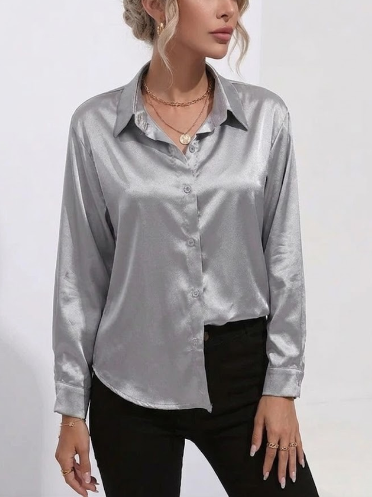 Women's Satin Long Sleeve Button Down Shirt Office Blouse