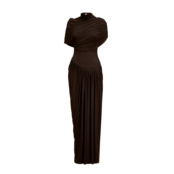 Women’s Satin Draped Mock-Neck Asymmetric Ruched Maxi Dress