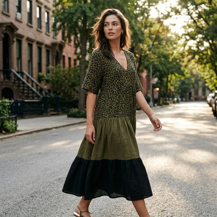 Women's Linen Blend V Neck Boho Tiered Midi Dress