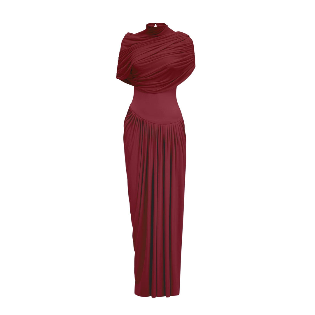 Women’s Satin Draped Mock-Neck Asymmetric Ruched Maxi Dress