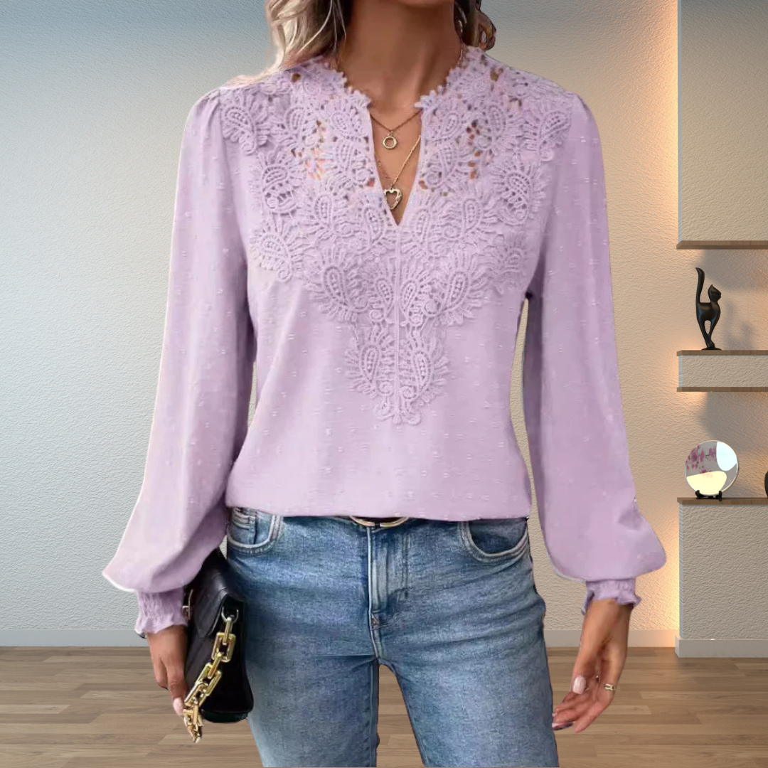 Women's Lace V-Neck Long Sleeve Chiffon Top