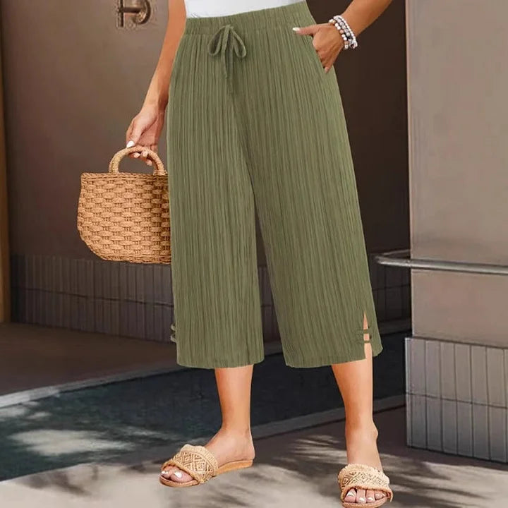Women’s Linen Pleated Drawstring Wide-Leg Culottes