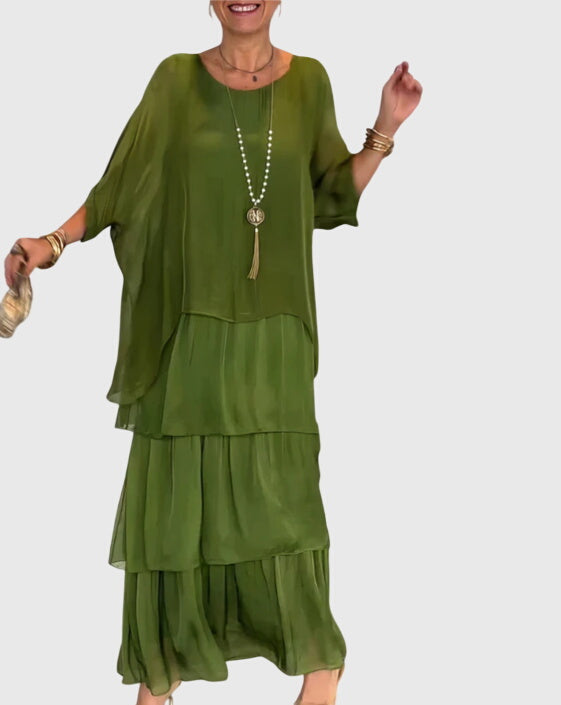 Women's Linen Look Flowing Elegant Maxi Dress Long Tiered Gown