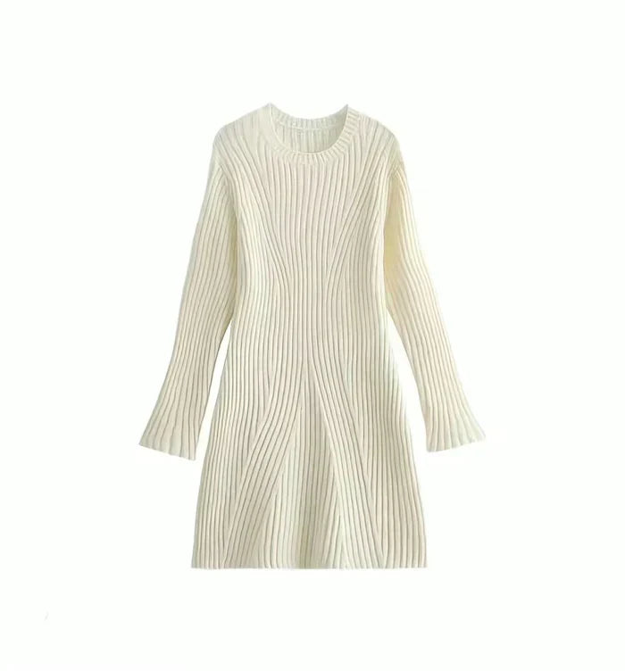 Women Ribbed Long Sleeve Knit Wool A-Line Dress