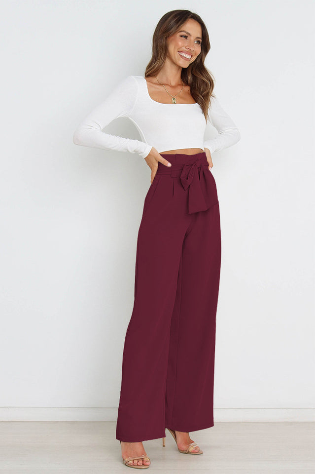 Women's High Waist Wide Leg Linen Trousers with Belt