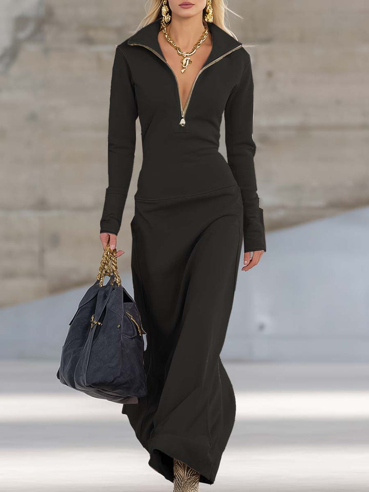 Women's Fleece Quarter Zip Long Sleeve Maxi Dress