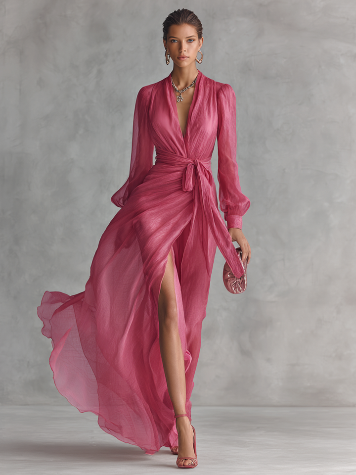 Women's Silk Wrap Maxi Dress With Slit High Volume Evening Gown