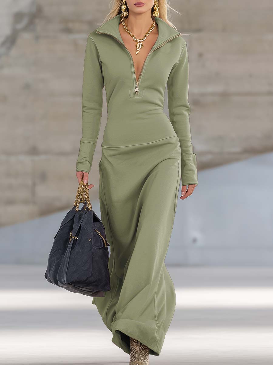 Women's Fleece Quarter Zip Long Sleeve Maxi Dress