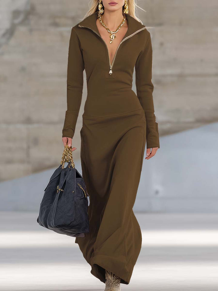 Women's Fleece Quarter Zip Long Sleeve Maxi Dress
