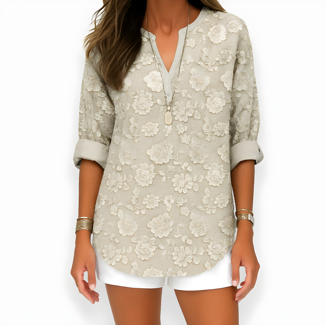 Women's Linen V-Neck Long Sleeve Boho Floral Print Tunic Blouse