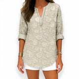 Women's Linen V-Neck Long Sleeve Boho Floral Print Tunic Blouse