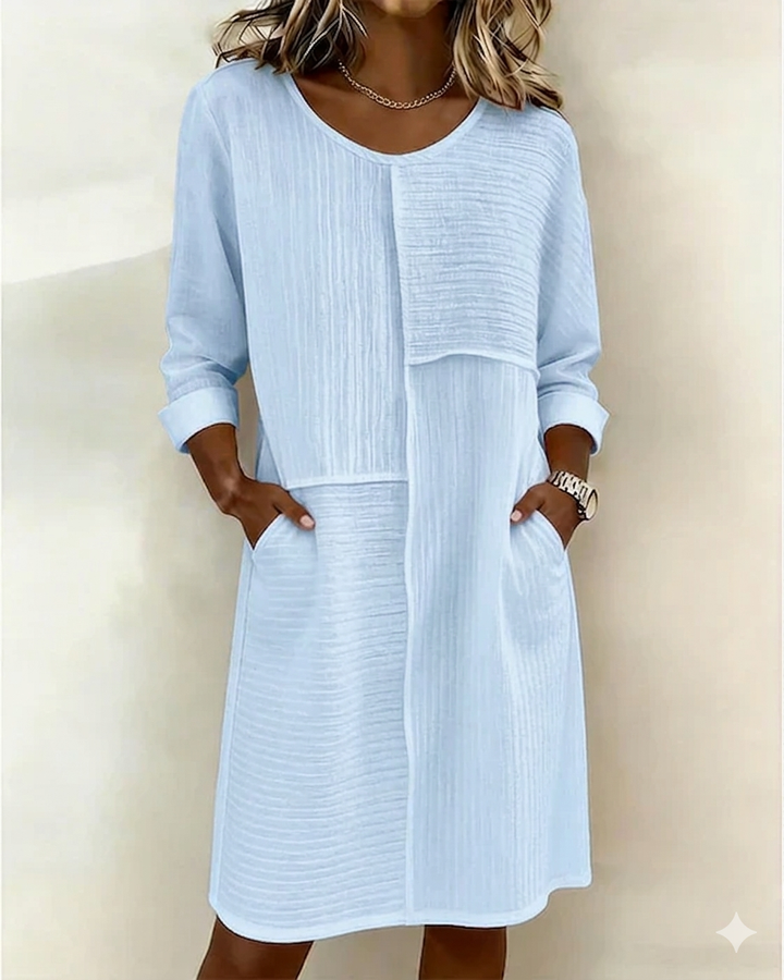 Women’s Linen Round-Neck Long-Sleeve Mini Shift Dress