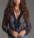 Women's V-Neck Ruffled Long Sleeve Chiffon Blouse