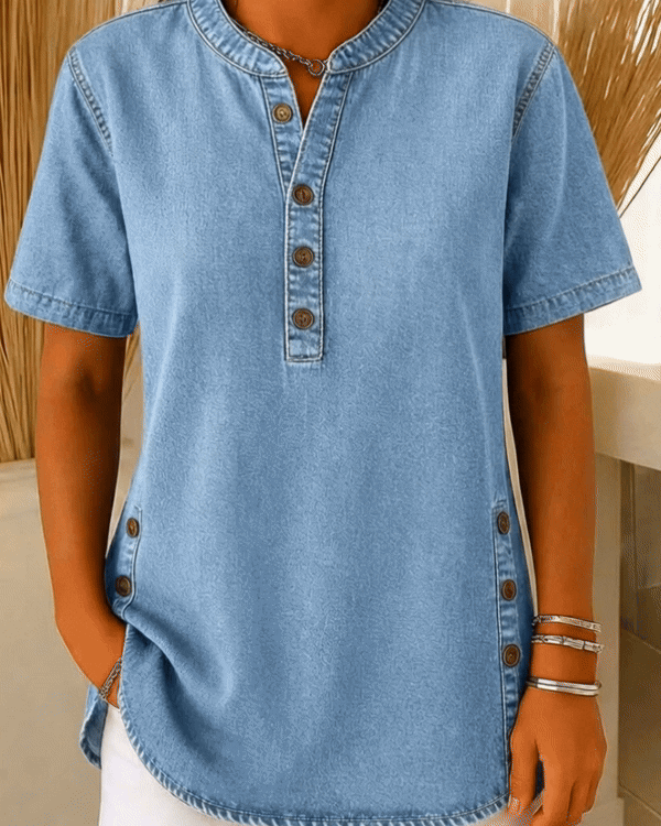 Women's Denim Short Sleeve Henley Shirt Tunic Top