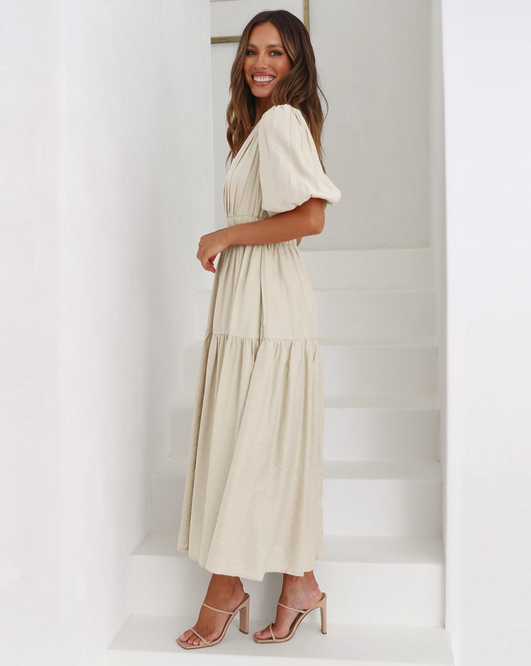 Women's Linen Blend Puff Sleeve Tiered V Neck Midi Wrap Dress