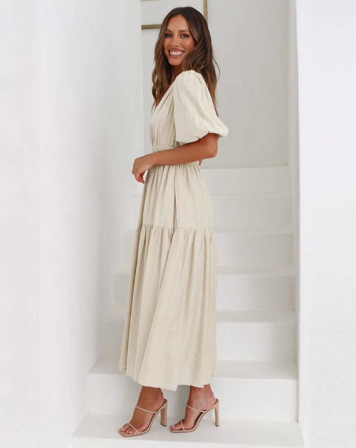 Women's Linen Blend Puff Sleeve Tiered V Neck Midi Wrap Dress