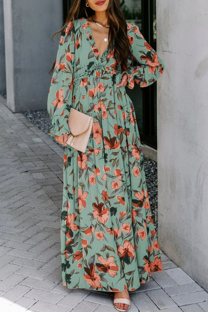 Women's Chiffon Floral V Neck Long Sleeve Maxi Dress