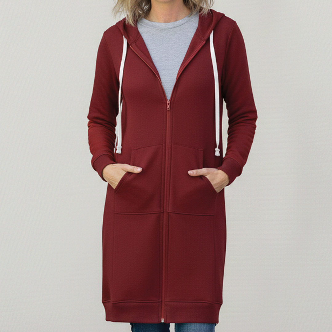 Women's Fleece Longline Zip Up Hoodie Jacket Coat Sweatshirt