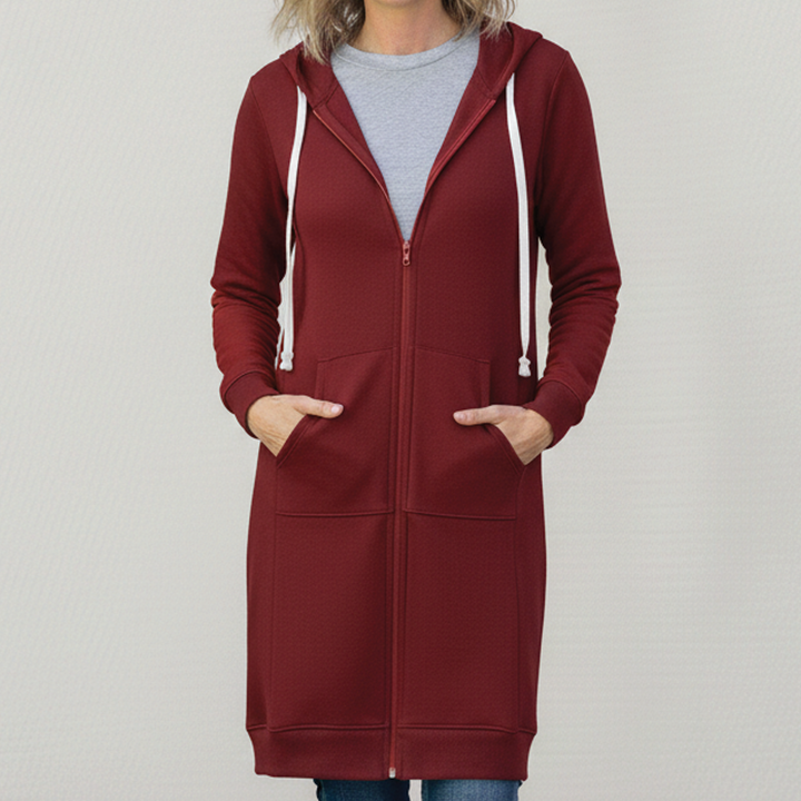 Women's Fleece Longline Zip Up Hoodie Jacket Coat Sweatshirt