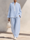 Women Linen Two Piece Set Long Sleeve Top and Wide Leg Trousers