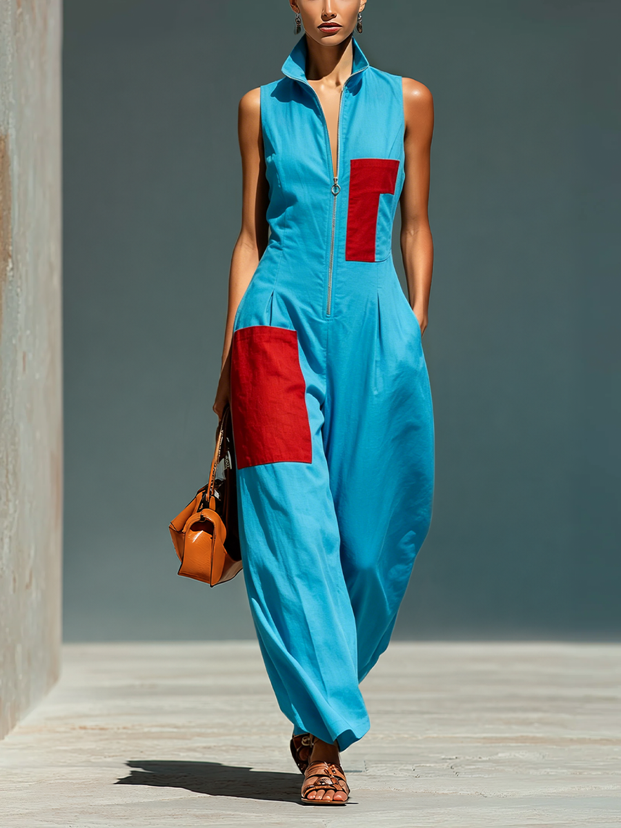 Women's Linen Blend Jumpsuit Sleeveless Casual Wide Leg