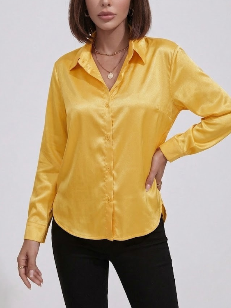 Women's Satin Long Sleeve Button Down Shirt Office Blouse