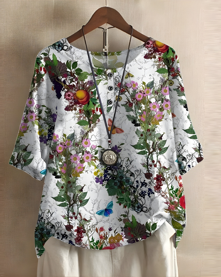 Damska lniana tunika w stylu vintage boho, drukowana bluzka