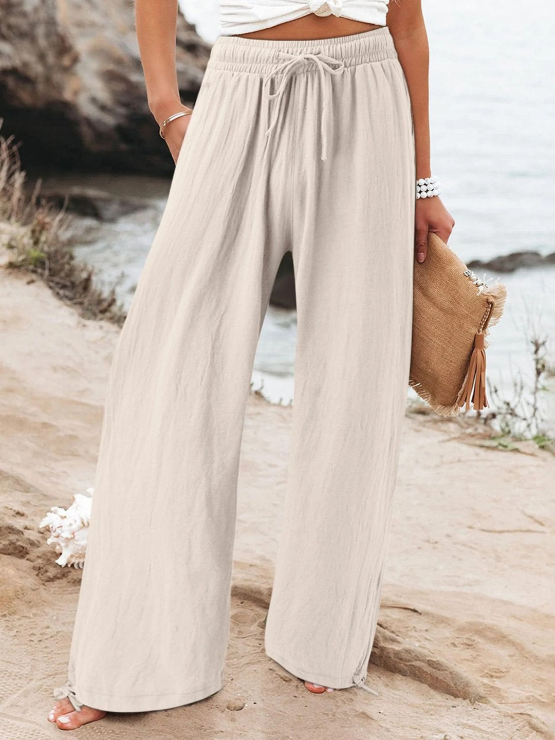 Women's Linen Wide Leg Trousers High Waisted Drawstring Palazzo Pants