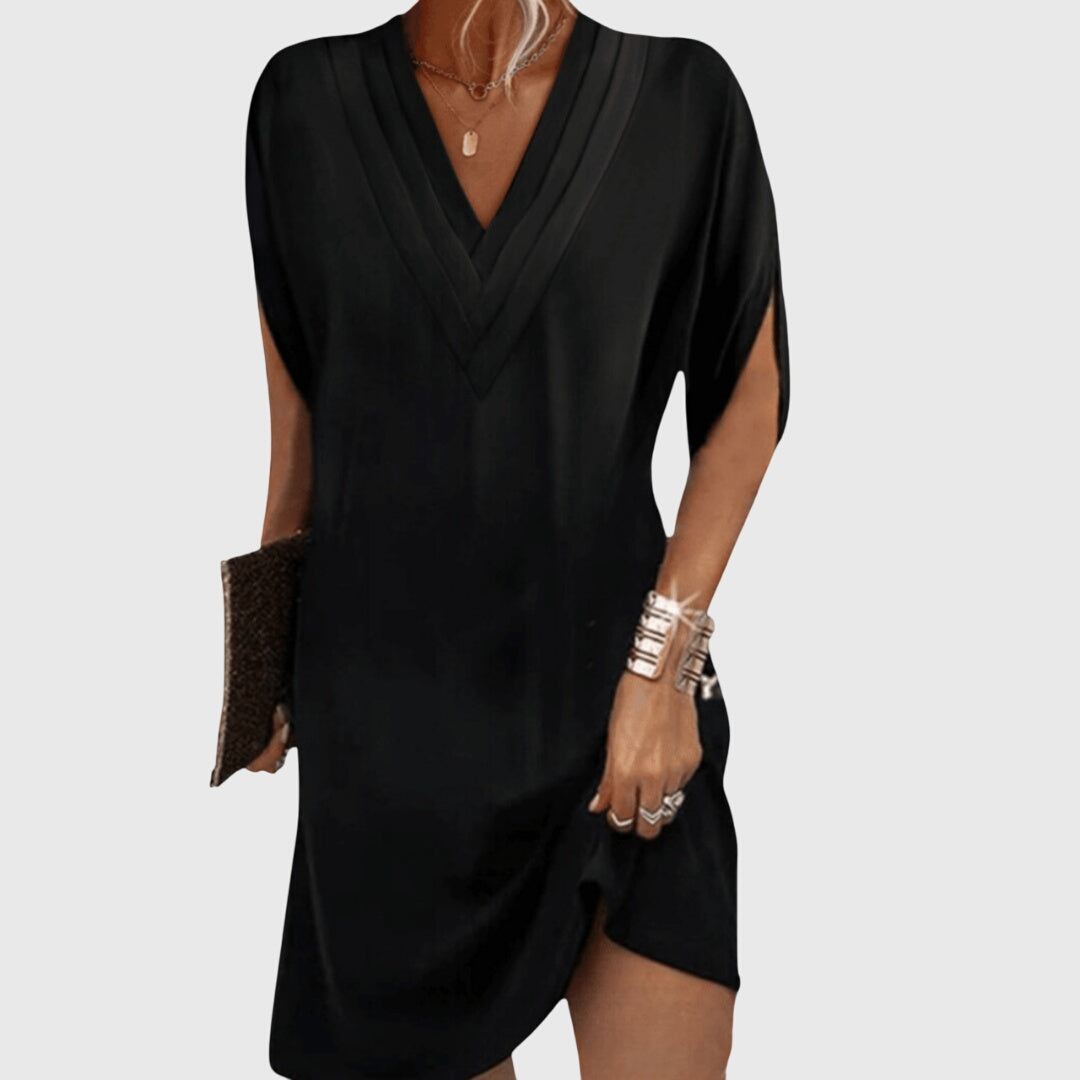 Women's Linen Blend V-Neck Short Sleeve Casual Mini Dress