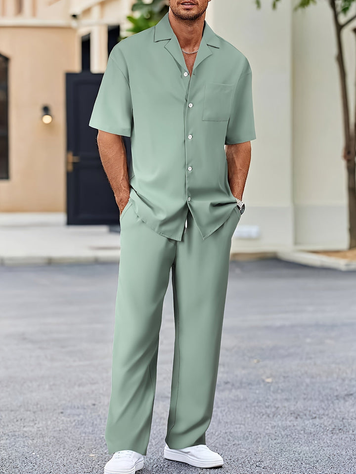 Men's Linen Blend Short Sleeve Shirt and Trousers 2-Piece Set