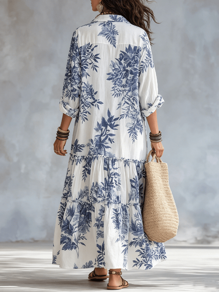 Women's Linen Floral Long Sleeve Shirt Boho Tiered Maxi Dress 