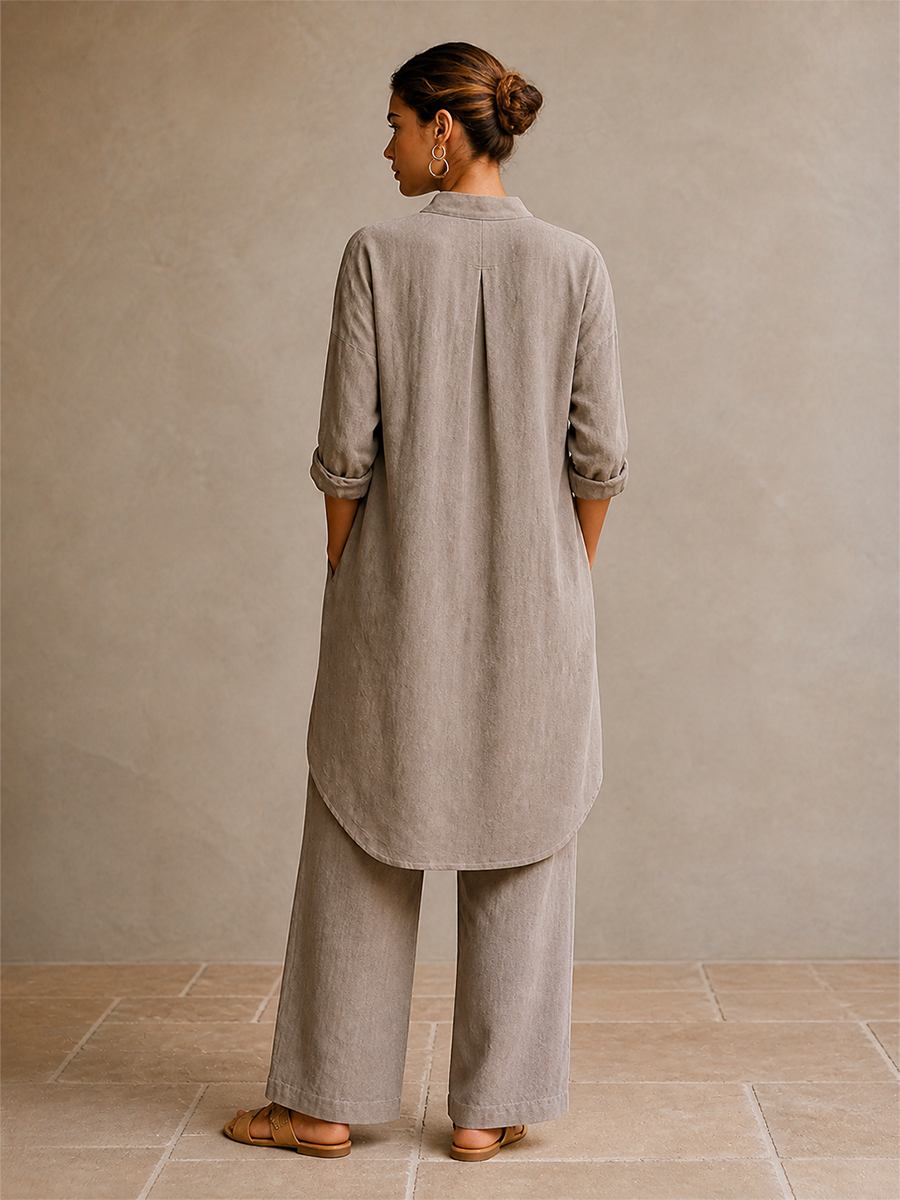 Women's Linen Asymmetrical Tunic Top and Wide Leg Pants Set