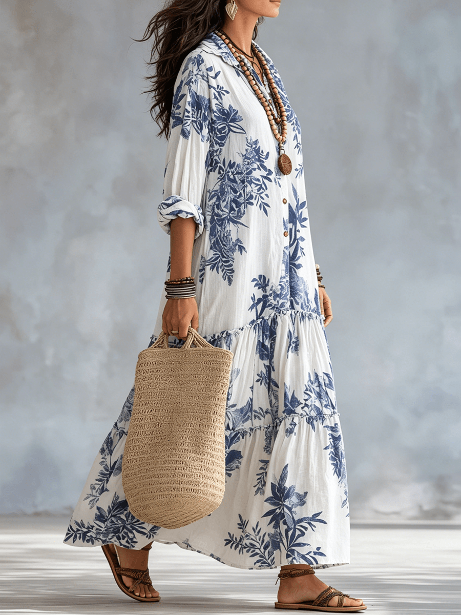 Women's Linen Floral Long Sleeve Shirt Boho Tiered Maxi Dress 