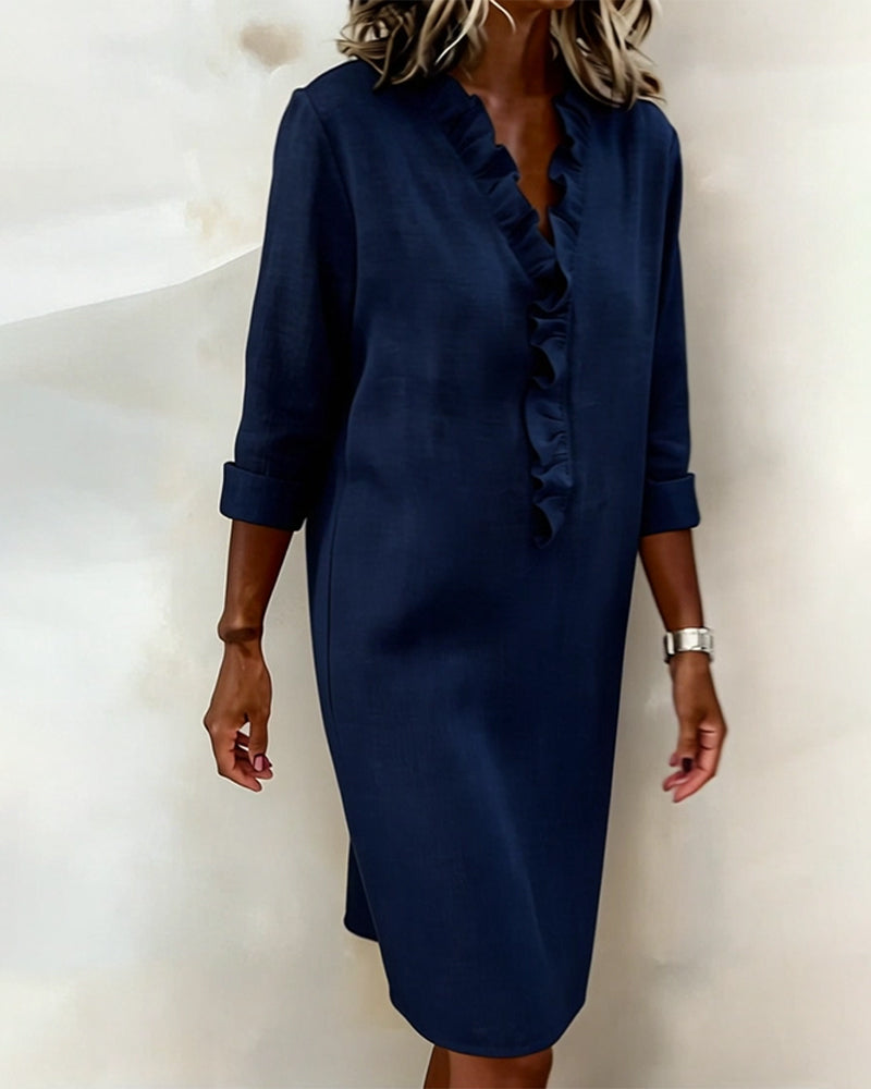 Women's Linen Dress Casual V Neck Tunic Shift Long Sleeve Shirt