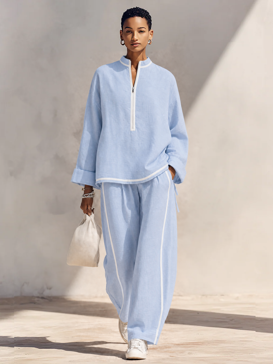 Women Linen Two Piece Set Long Sleeve Top and Wide Leg Trousers