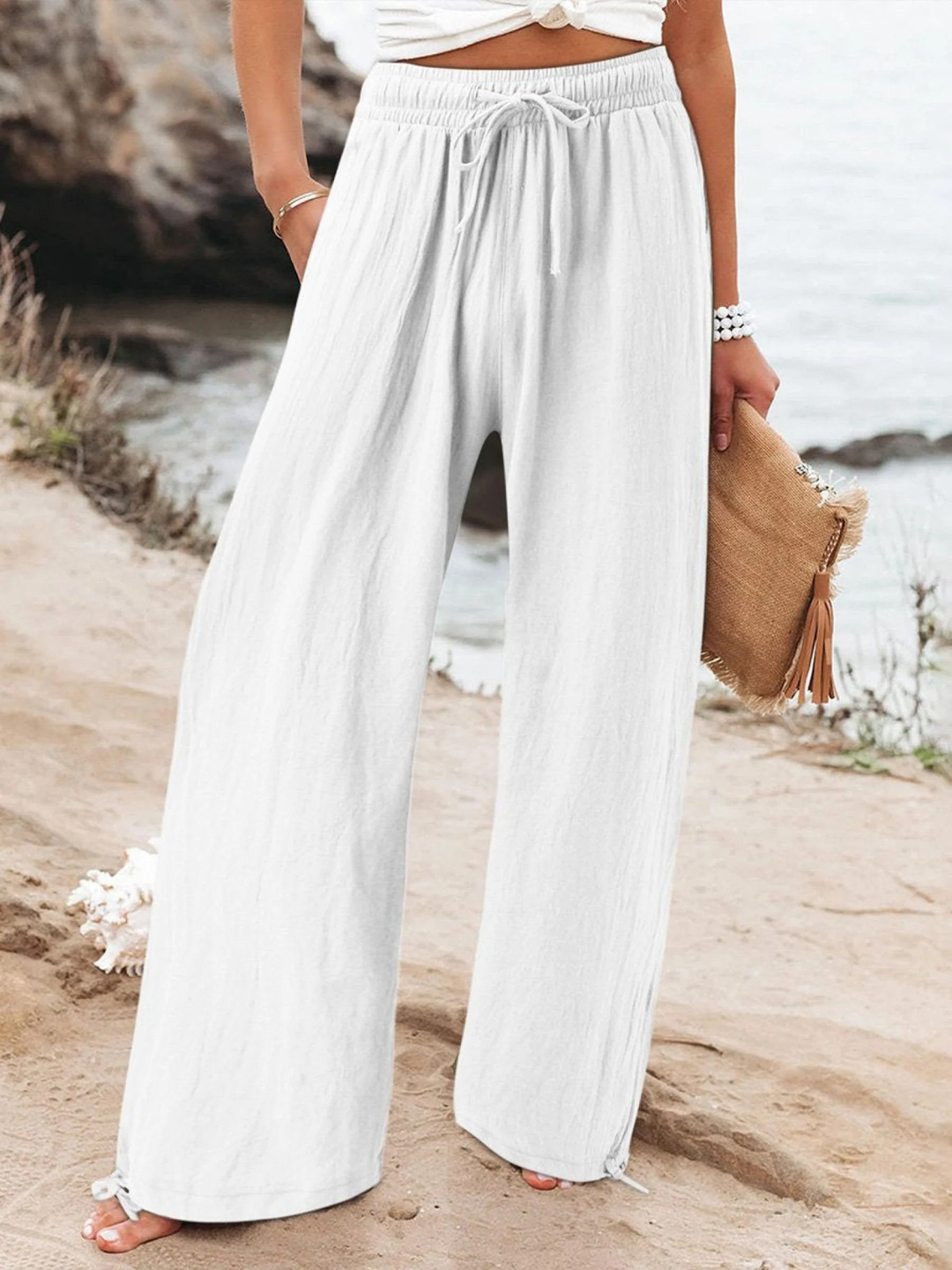 Women's Linen Wide Leg Trousers High Waisted Drawstring Palazzo Pants